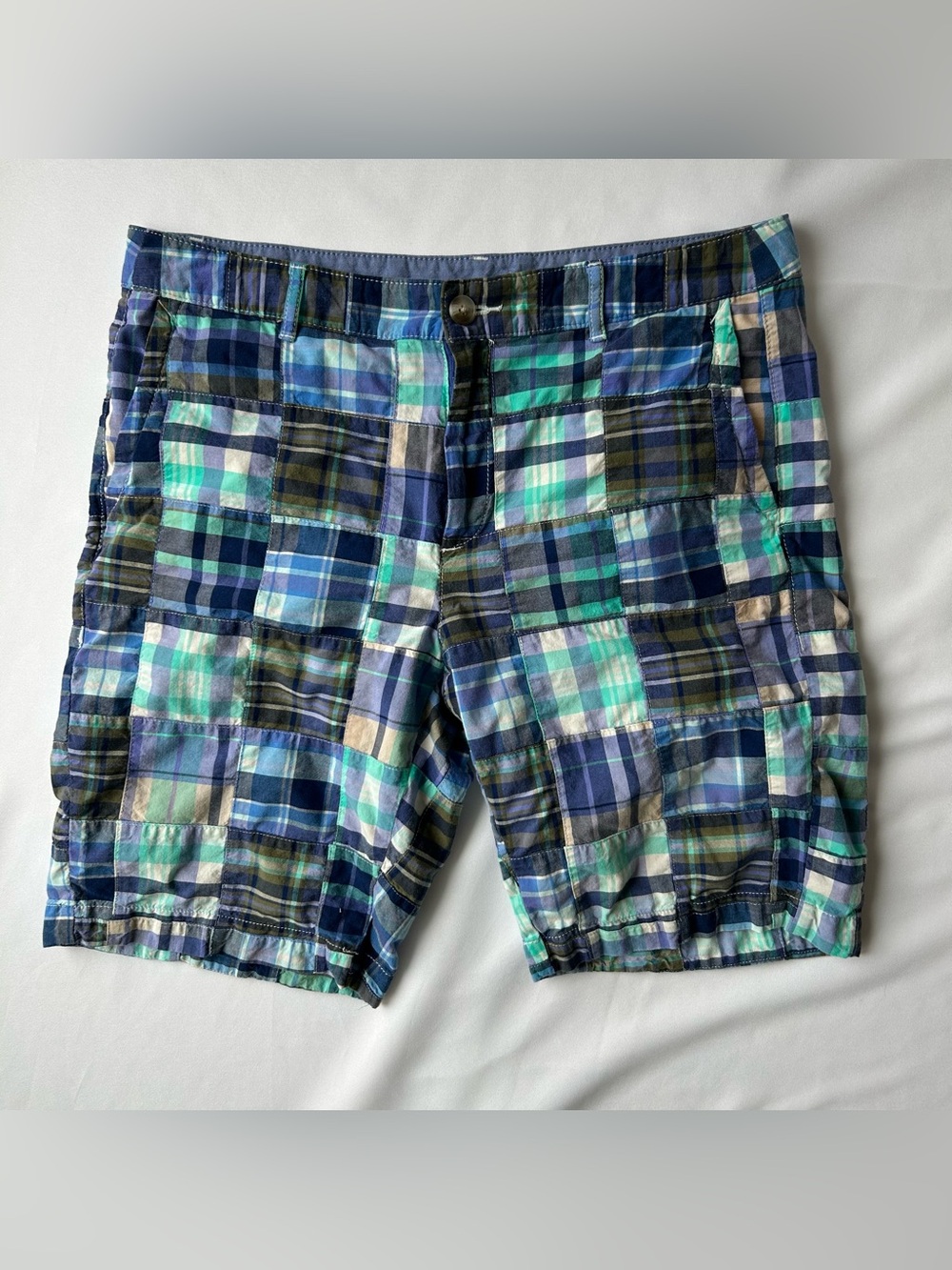 Boys LLBean Blue and Green Madras Patchwork Plaid Cotton Shorts